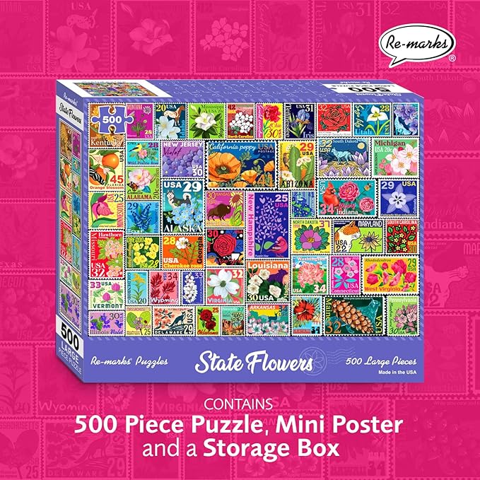 Re-marks State Flowers Stamp Collage Jigsaw Puzzle, 500 Large Piece Jigsaw Puzzle for All Ages