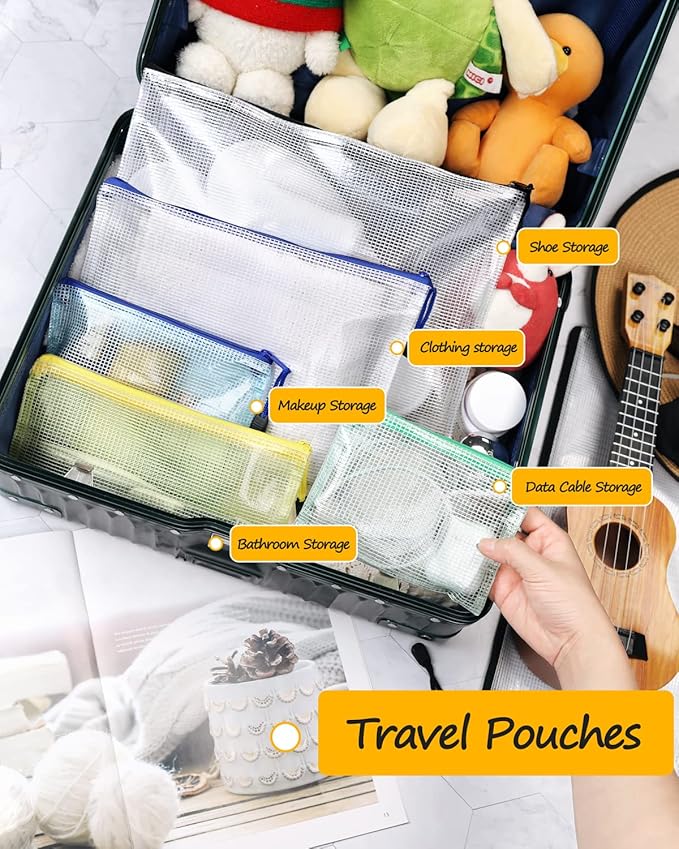 SUNEE Mesh Zipper Pouch 6x9 in (10 Colors, 30 Packs), Mesh Bags with Zipper for School Office Supplies, Puzzles & Games, Travel Accessories, Waterproof Zipper Pouches for Organizing