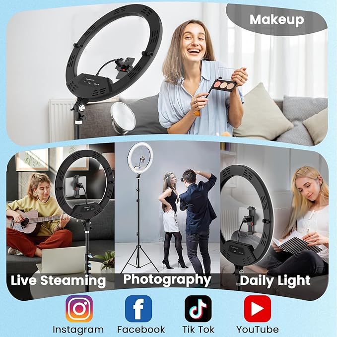 18" Large Ring Light with 60" Tripod Stand for iPhone, Portable Foldable Bi-Color 2500-6500K LED Big Ringlight for iPad with Bluetooth Remote Video Recording YouTube TikTok Photography Makeup