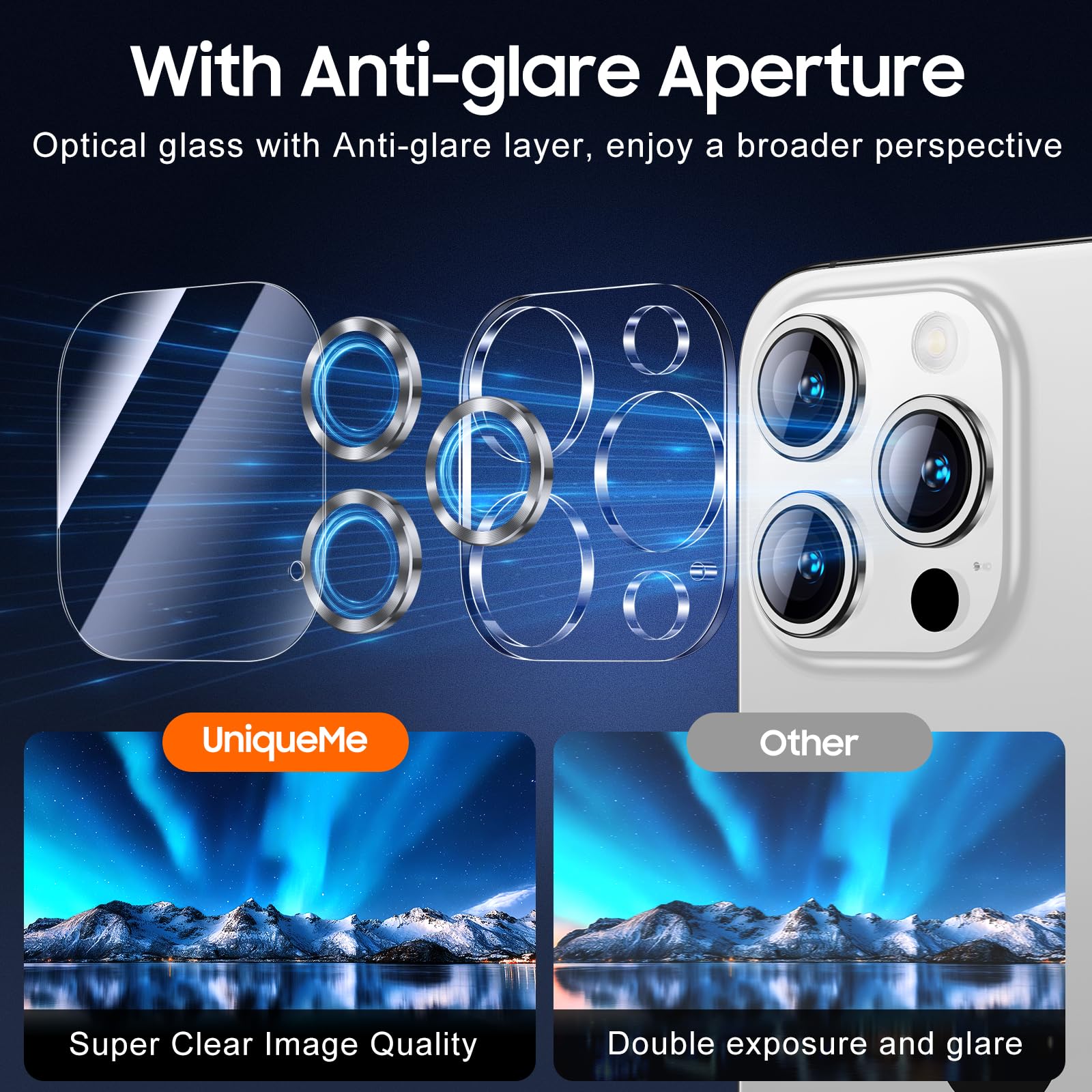 UniqueMe for 3 Pack iPhone 15 Pro/15 Pro Max Camera Lens Protector-Silver