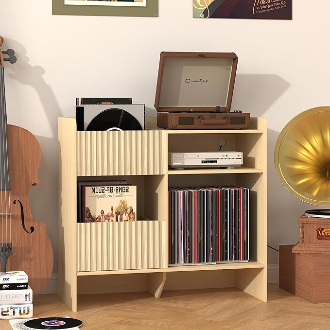 Record Player Stand with Vinyl Storage - Mid Century Modern Turntable Stand with Adjustable Shelves & Cable Hole, Record Player Table with 4 Cubes for Living Room, Bedroom, Oak