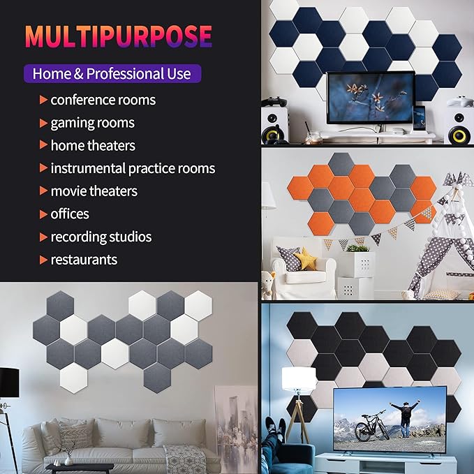 Mollywell Hexagon Acoustic Panels, High Density, Soundproofing, Decorative Noise Reduction Felt Wall Tiles for Ceilings, Home Office & Gaming Room (Deep Blue and White), 14x12x0.4 Inch