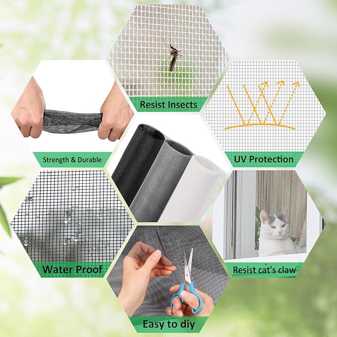 Windows Screen Replacement and Screen Door Repair Kit, 6Pcs Window Screen Fiberglass Mesh Kit - Window Screen & Screen Door Mesh & Screen Porch Repair Kit (Gray, 48" x 118")