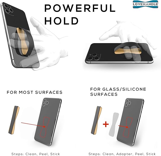 LOVEHANDLE Universal Phone Grip for Smartphones & Mini Tablets - Phone Holder for Hand - Wireless Charging Compatible - Made in The USA - Black Elastic Strap with Gold Base