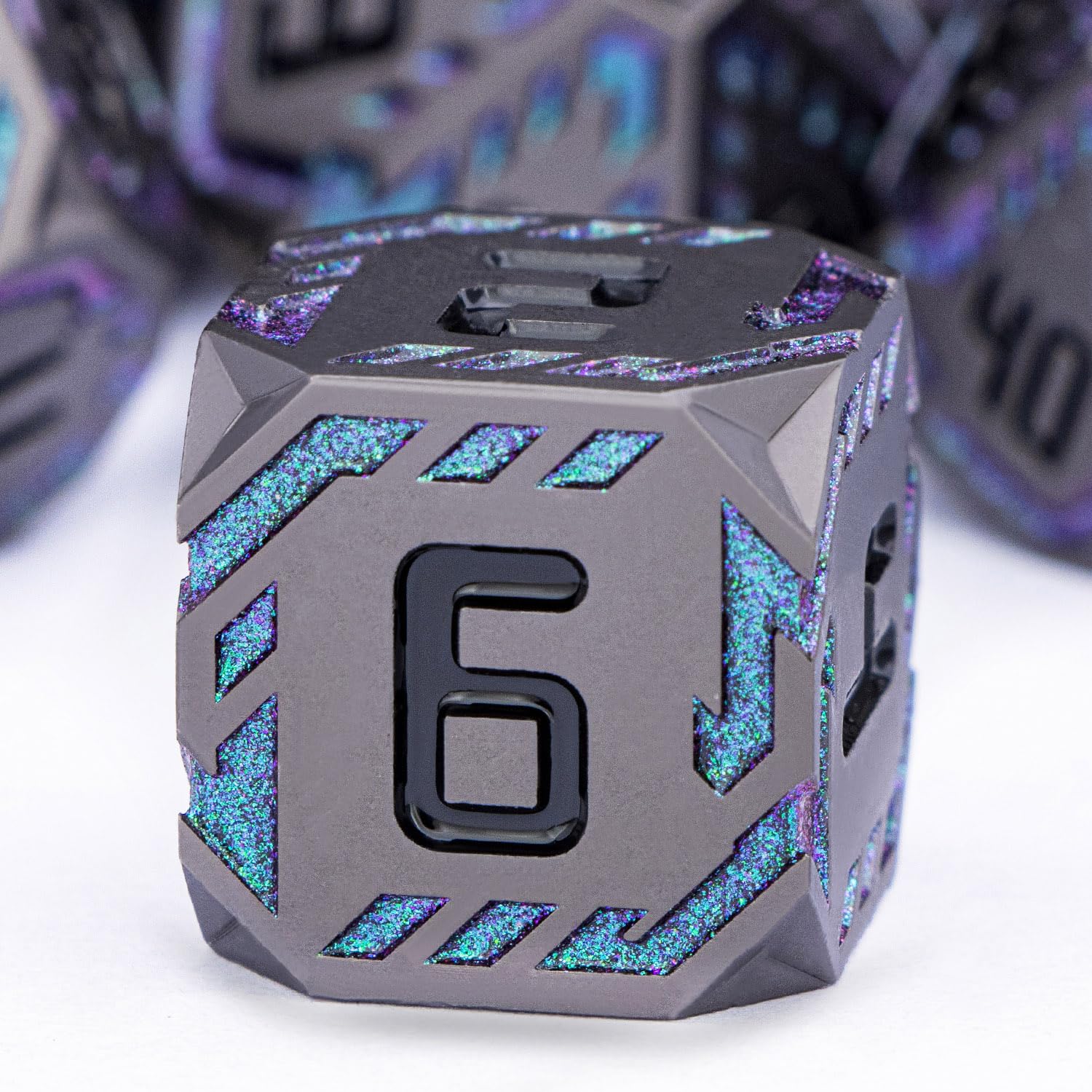OGCOPHEN Metal DND Sci-fi Dice Set 7PCS Stripe Polyhedral Dice for Dungeons Dragons RPG Role Playing Game, Glitter D and D Dice with Gift Box D6 D8 D10 D12 D20 (Black&Green Purple)