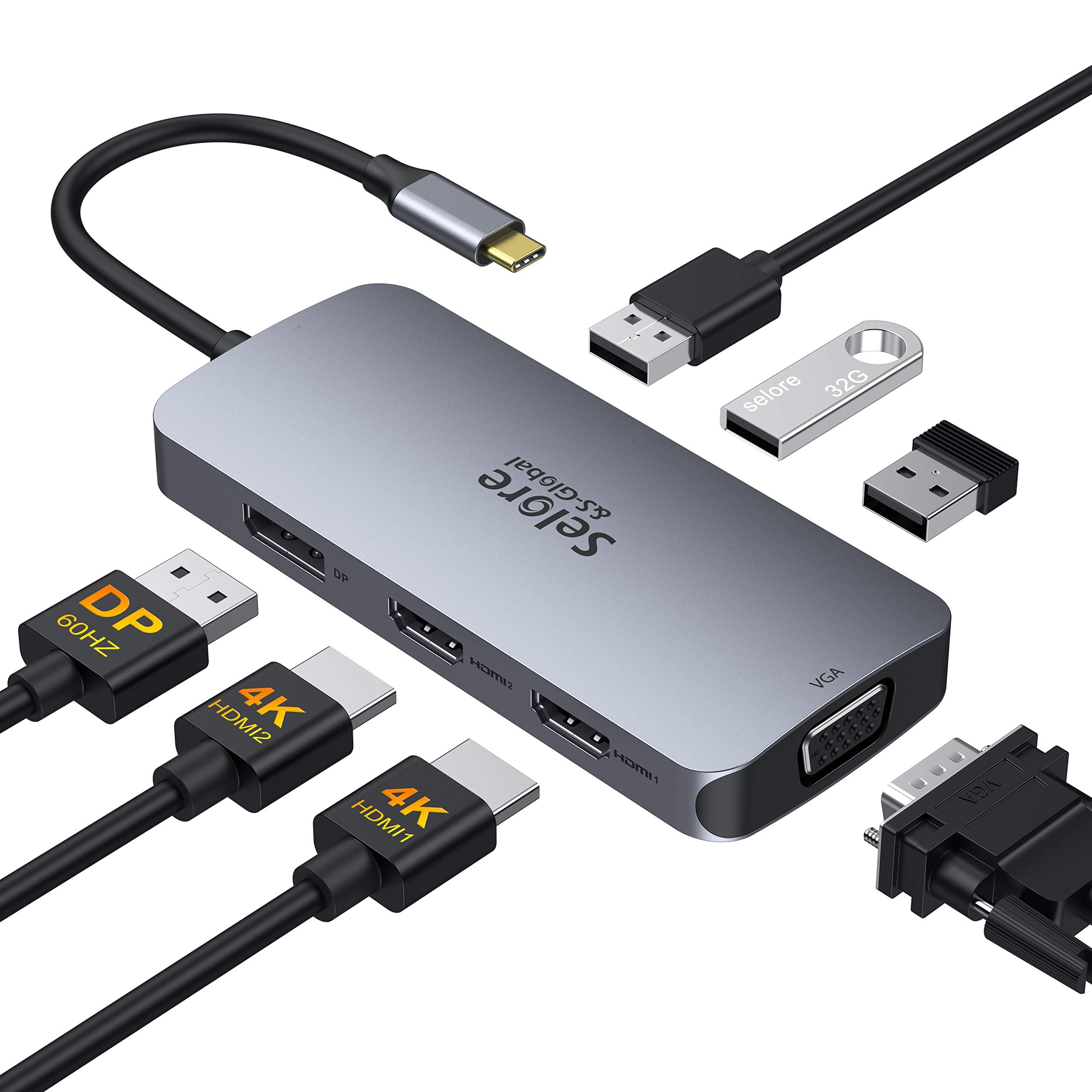 USB C to Dual HDMI Adapter,7 in 1 USB C Docking Station to Dual HDMI Displayport VGA,USB to 3USB 2.0, Multi Monitor Adapter for Dell XPS 13 15,Lenovo Yoga,Huawei Matebook X pro,etc