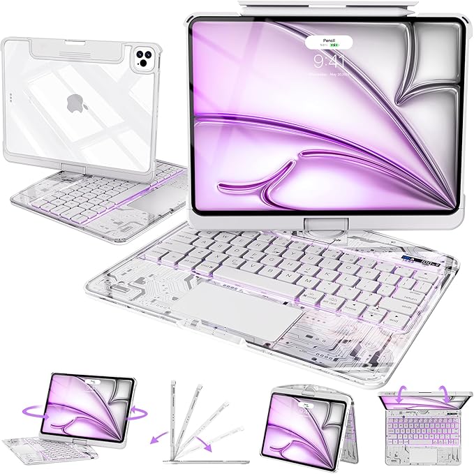 Intermerge Clear iPad A16 11th & 10th Generation 10.9" Case with Keyboard, 360° Transparent Multi-Touch Trackpad, 7-Color RGB Keyboard, Pencil Holder, Type-C, Power Indicator, Frost Pulse