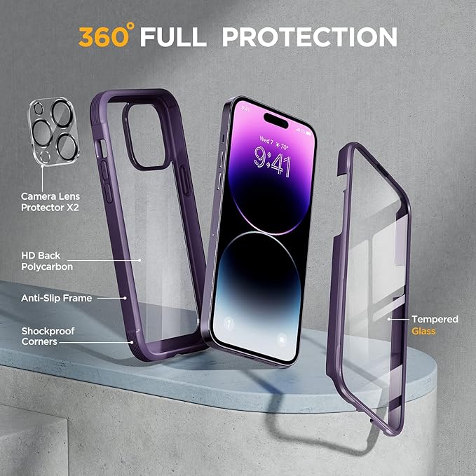 Miracase Glass Series Designed for iPhone 14 Pro Max Case 6.7 Inch, Upgrade Full-Body Bumper Case with Built-in 9H Tempered Glass Screen Protector, with Camera Lens Protector, Dark Purple