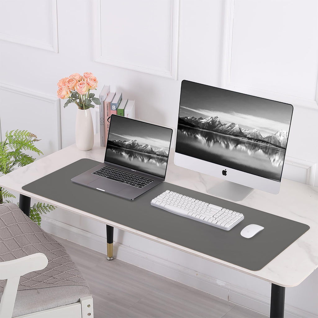 AFIING Leather Desk Pad Protector, 47" x 17" Large Desk Mat with Natural Cork & PU Leather, Mouse Pad, Non-Slip, Waterproof Desk Writing Pad for Office and Home (Dark Grey)