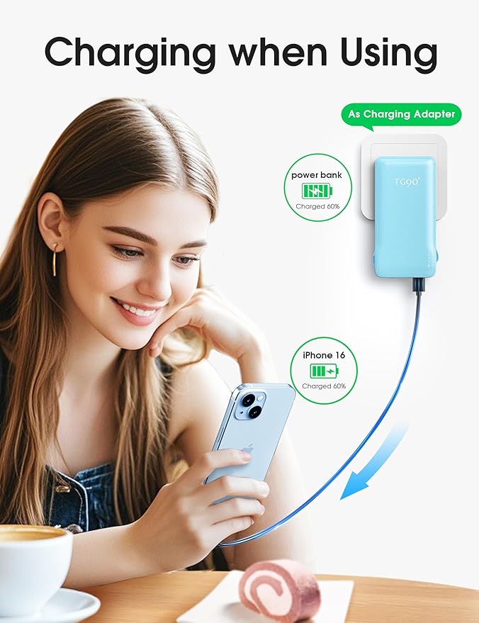 TG90° 2 Pack 10000mAh Power Bank Built-in Foldable AC Wall Plug and Cables,Ultra Slim Compact Cell Phone Fast Charger,External Battery Pack Compatible with iPhone and Android Devices,Black & Blue