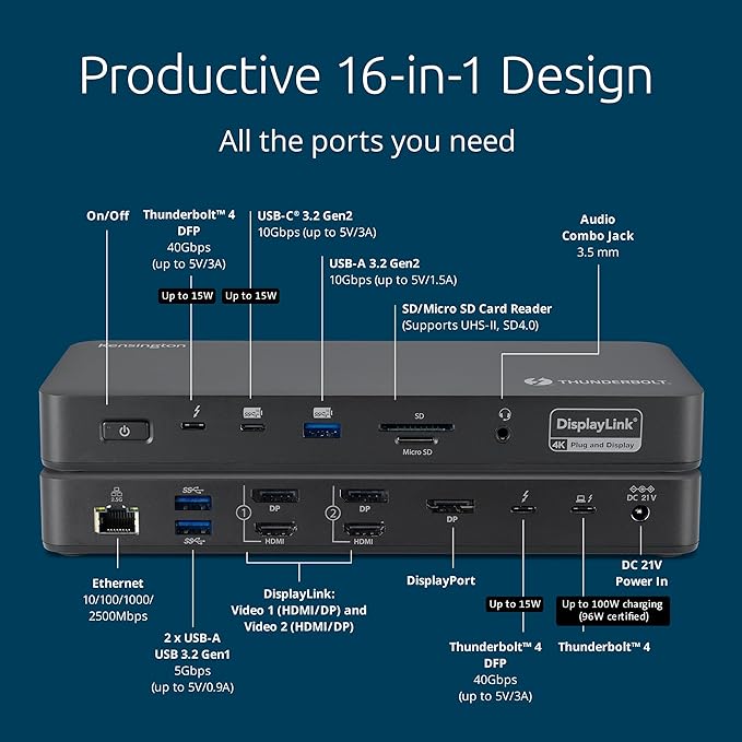 Kensington SD5910T DisplayLink Docking Station Thunderbolt 4, Quad 4K for MacBook Pro/Air M1/M2/M3/M4 with Pro and Max Chipsets, 100W PD, HDMI/DP/TB4, SD/Micro SD Card Slots (K35233NA)