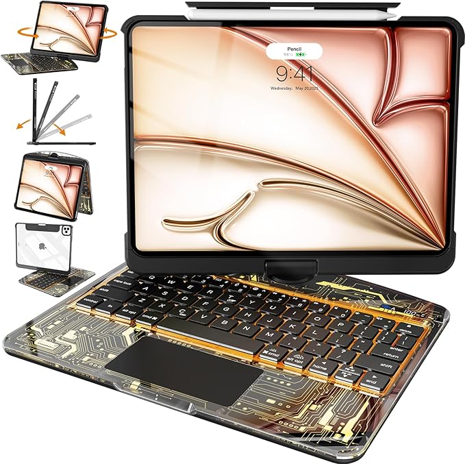 Intermerge iPad A16 11th (2025) & 10th Generation 10.9" Case with Keyboard, 360 Deg Transparent Multi-Touch Trackpad, 7-Color RGB Keyboard, Pencil Holder, Type-C, Shadow Pulse