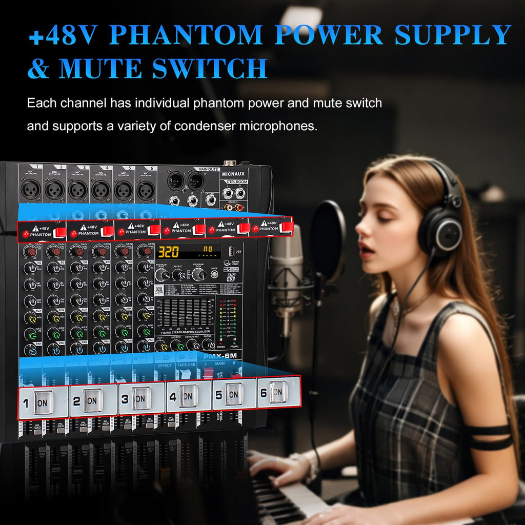 MICNAUX Audio Mixer 6 Channel Professional Mixer Console with 320 DSP Effects, 7-band EQ Sound Mixing Board Digital DJ Mixer w/USB Bluetooth MP3 for Recording, Independent 48V Power & Mute Button