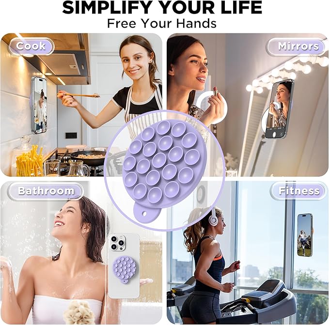 Magnetic Suction Cup Phone Mount for MagSafe Case, Silicone Hands-Free Grip Holder for iPhone and Android, Mirror Shower Phone Stand for Makeup FaceTime Gym Kitchen Bathroom, Lilac Purple