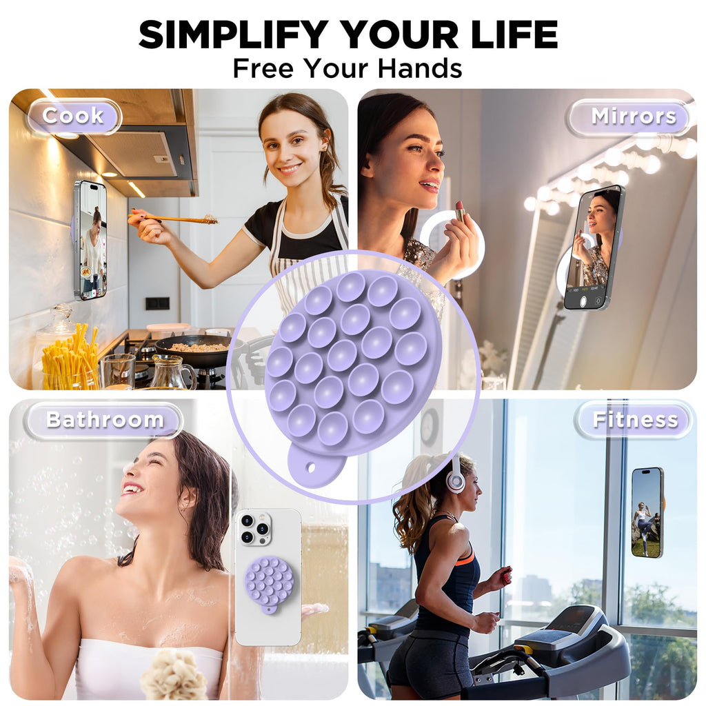 HSAOHD Magnetic Suction Cup Phone Mount with MagSafe, Silicone Hands-Free Grip Holder for iPhone Case and Android, Mirror Shower Phone Stand for Makeup FaceTime Gym Kitchen Bathroom, Lilac Purple