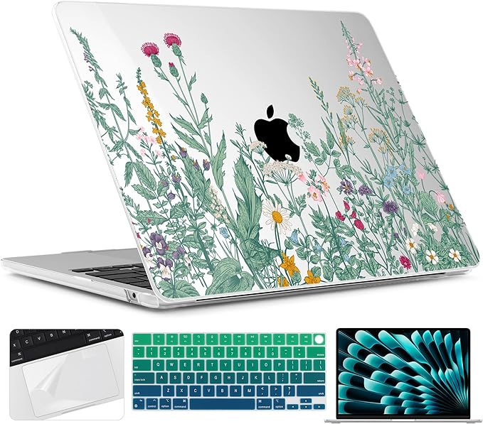 TWOLSKOO Compatible with M4 MacBook Air 15 inch Case 2025-2023 Released Model M4 A3241 M3 A3114 M2 A2941, Plastic Hard Shell & Screen Protector & Keyboard Cover & Trackpad Film, Botanical Illustration
