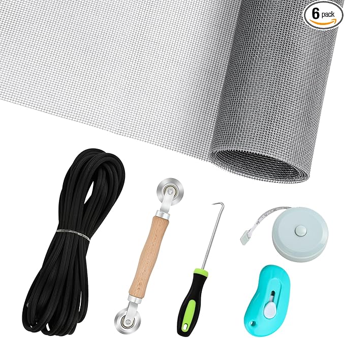 Windows Screen Replacement and Screen Door Repair Kit, 6Pcs Window Screen Fiberglass Mesh Kit - Window Screen & Screen Door Mesh & Screen Porch Repair Kit (Gray, 59" x 106")