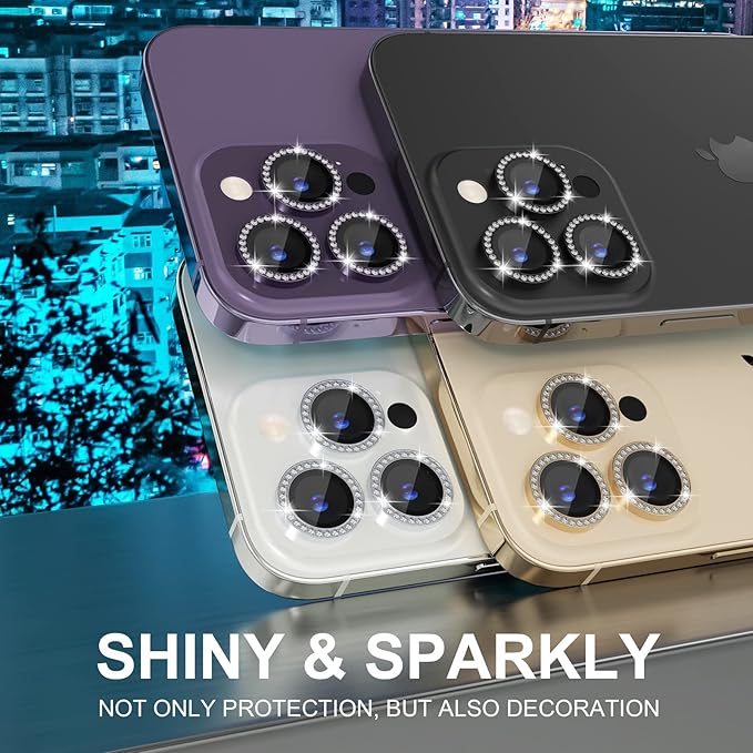 Choiche [3+1 for iPhone 14 Pro/iPhone 14 Pro Max Camera Lens Protector Bling, 9H Tempered Glass Camera Cover Screen Protector Metal Ring Decoration Accessories (Diamond-Purple)