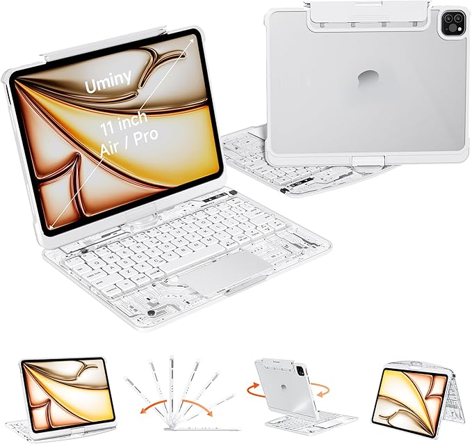 Keyboard Case for iPad 11 inch Pro 4/3/2/1st Gen & 11’’ iPad Air 2025 M3, 2024 M2 & 10.9" iPad Air 5th/4th Gen, 360° Rotating Stand Transparent Protective Cover with Pencil Holder (White)