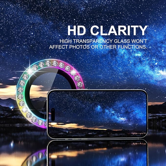 Choiche Compatible for iPhone 15 Pro/iPhone 15 Pro Max Camera Lens Protector Bling, 9H Tempered Glass Camera Cover Screen Protector Metal Ring Decoration Accessories (Diamond-Colorful)