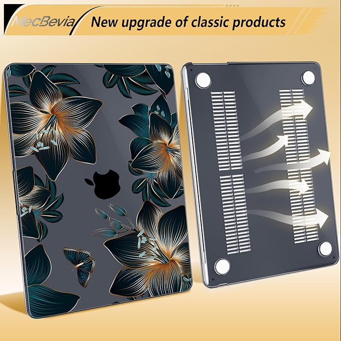 Compatible with MacBook Air 13.6 inch Case, M4 A3240/M3 A3113/M2 A2681 (Released 2025 to 2022), Hard Shell, Keyboard Cover, Screen Protector, Webcam Cover & Type-C Adapter, Golden Lilies