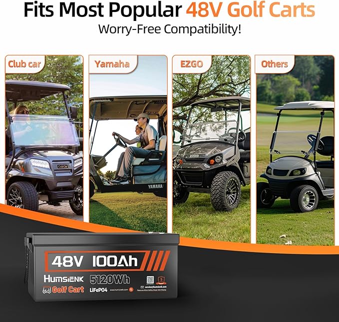 48V 100Ah LiFePO4 Golf Cart Lithium Battery Bluetooth with 48V 15A Charger, 5120Wh Golf Cart Deep Cycle Battery, Built-in 200A BMS