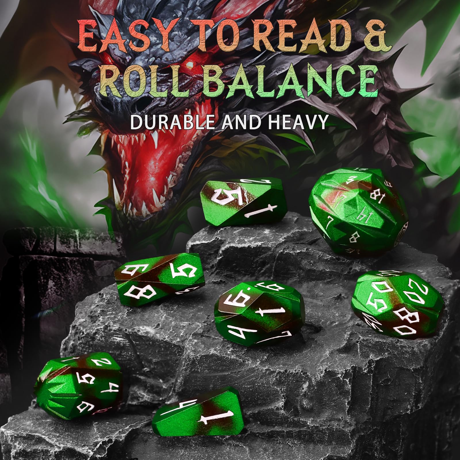 FONVGOGO Metal DND Dice for Dungeons and Dragon, Metal Dice Set D and D with Cardboard Box Unique Cool RPG Polyhedral Dice for Role Playing Tabletop Games Gifts (Black Green)