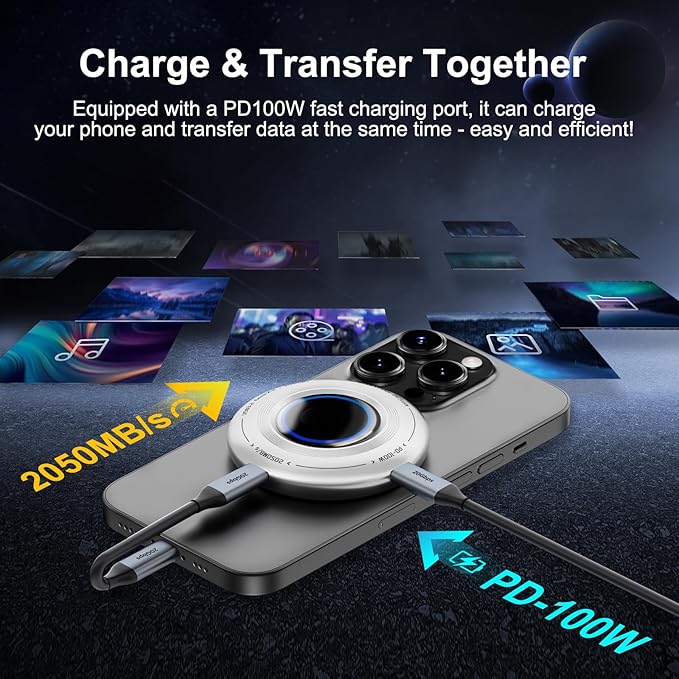 FP108 500GB Magnetic Portable SSD, External Solid State Drives with PD-100W and 2050MB/s USB-C 3.2 Gen 2x2, Play While Charging, Compatible with iPhone 16/15 Pro Max, Android, PC, Mac, Switch Lite