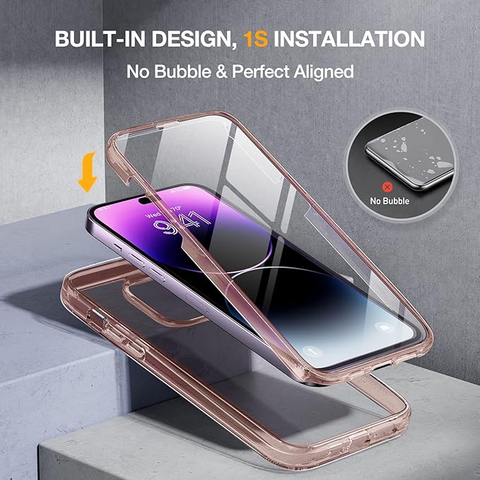 Miracase Glass Series Designed for iPhone 14 Pro Case 6.1 Inch, Upgrade Full-Body Bumper Case with Built-in 9H Tempered Glass Screen Protector, with Camera Lens Protector, Clear Pink