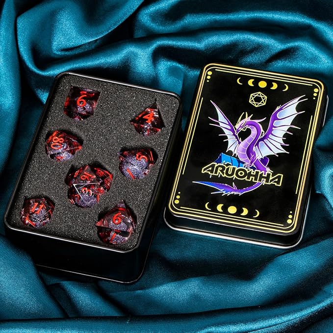 ARUOHHA Liquid Core DND Dice Set, Vampire Sharp Edged Dragons Dice Compatible with D&D RPG Role Playing Games, Resin Blood Red Polyhedral Dungeons D and D Dice with Gift Box D20 D12 D10 D8 D6 D4