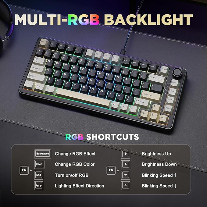 YUNZII B75 Mechanical Keyboard,75% Layout with Knob,Hot Swappable RGB Backlit Gasket Mounted, Creamy Typing, Double-Shot PBT Keycaps,Cherry Profile,for Win/Mac (Black, Blue Grey Tactile Switch)