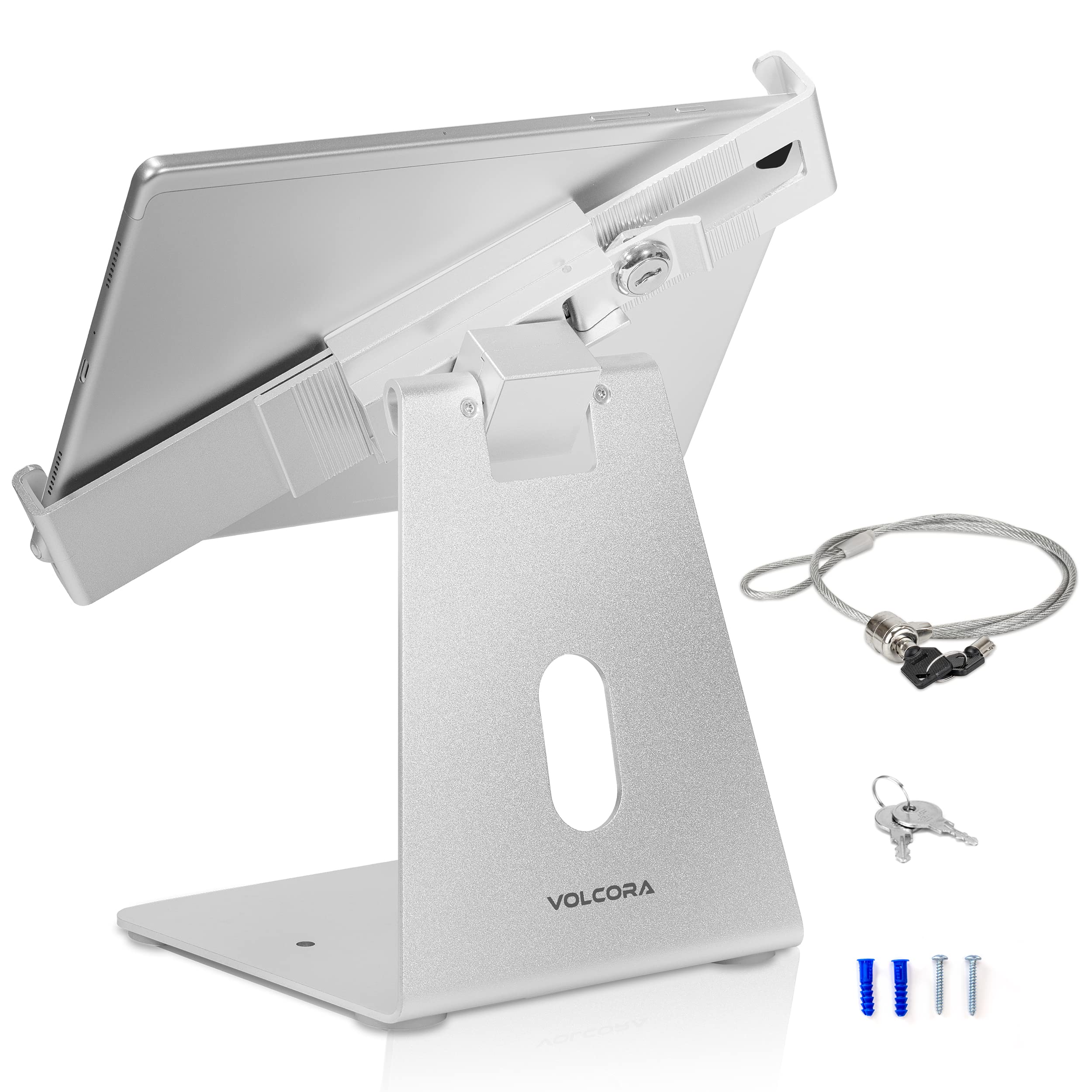 Volcora Anti-Theft Tablet Stand iPad Kiosk Stand with Lock, Silver 10-13'' iPad Stand for Desk, Swivel, Adjustable iPad Holder For Desk, iPad Mount For Desk For POS Register, Retail Business, Cashier
