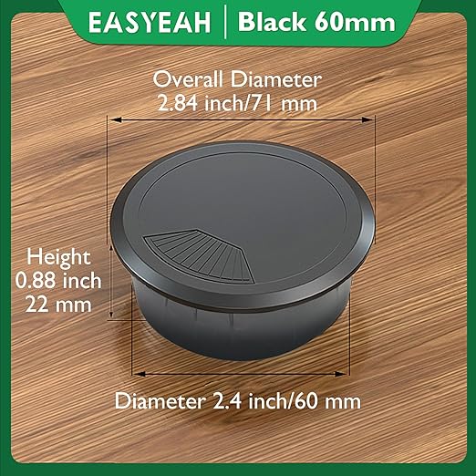 5 Pcs Desk Grommet 2-3/8" / 60 mm, Desk Cord Hole Cover, Cable Grommet ABS Plastic, Desk Hole Grommet for Home & Office Pc, Detachable Adjustable Cable Cord Organizer-Black