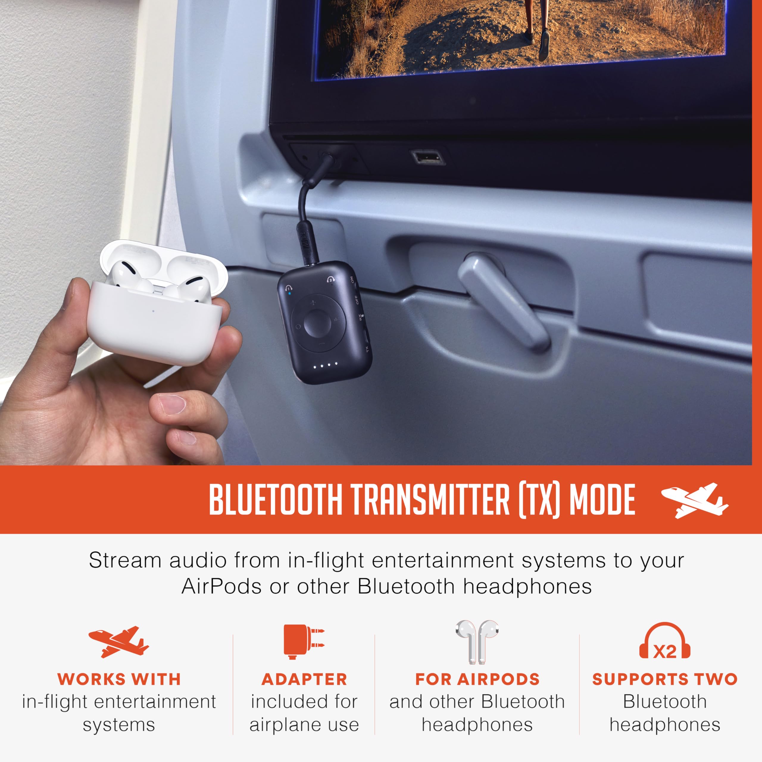 MEE audio Connect Air Pro (2 PACK) Bluetooth Wireless Audio Transmitter & Receiver for AirPods or Bluetooth Headphones, 2-in-1 Adapter with Detachable Cable for 3.5mm devices on Airplanes, Black&White