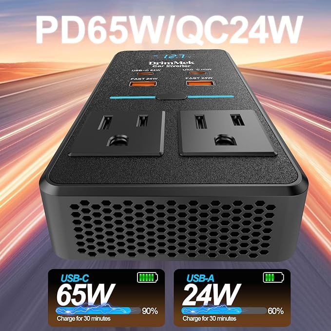 300W Car Power Inverter, DC 12V to 110V AC Car Plug Adapter with LED Display, 65W/24W USB-C Fast Charging Car Outlet Adapter to Wall Plug,Portable Car Charger with Switch Control Converter for Laptops