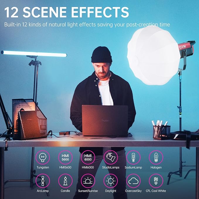 GVM 300W Photo Lighting RGB Video Light with Bowens Holder Lantern Softbox and Stand CRI 97+ CCT 2000K~10000K 6 Lighting Scenarios Application Program Controlled Studio Photo Lights