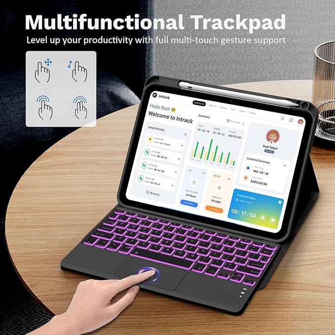 MoKo Touch Keyboard Case for iPad (A16) 11th Generation 11 inch 2025, iPad 10th Generation 10.9 inch Case with Pencil Holder, 7 Colors Backlit Multi-TrackPad Detachable Bluetooth Keyboard, Black