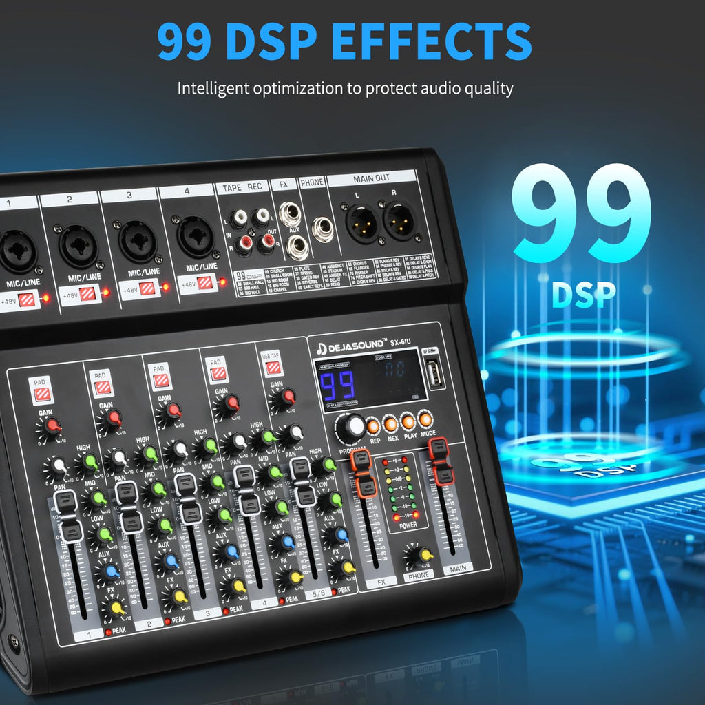 6-Channel Audio Mixer for PC, SX-6iu Mixing Console with XLR Inputs, Bluetooth, 99 Digital Signal Processor Effects, USB Interface, MP3 Compatible for Podcast, Music, Recording 9.84"x2.17"x12.6"inches