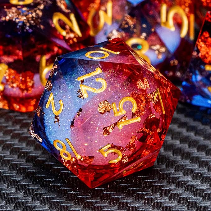 ARUOHHA Liquid Core DND Dice Set, 7pcs Resin Sharp Edged Dragons Dice Compatible with D&D Role Playing Games, RPG Golden Numbers Blue Red Dungeons Polyhedral D and D Dice with Gift Box D20 D10 D6