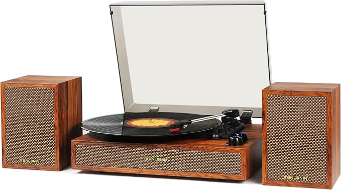 Vinyl Record Player with External Speakers, 3 Speed Bluetooth Turntable for Vinyl Records, Vintage Belt Drive Record Player with Stereo Speakers and Auto Stop, RCA Audio Out and Aux-in,Light Wood