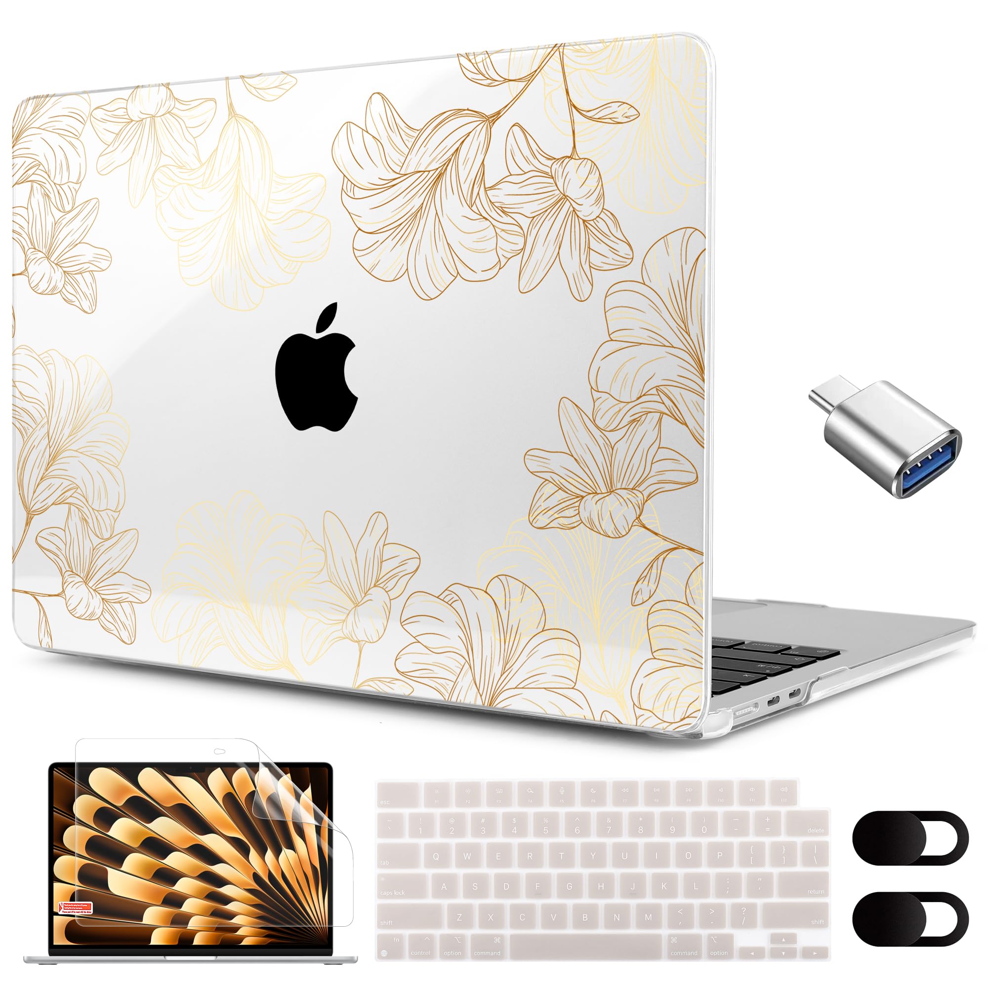 MEEgoodo for M5/M4/M3/M2 MacBook Air 15 inch Case 2026 2025 2024 2023, Case Fit Model (A3448/A3241/A3114/A2941) for MacBook Air 15.3 inch, Drawn Golden Floral