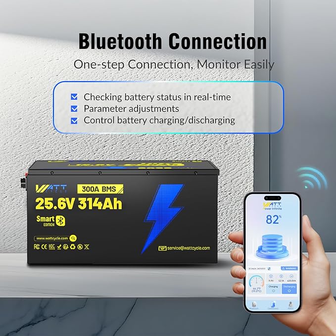 24V 314AH LiFePO4 Lithium Battery, Built-in Bluetooth 5.0 & 300A BMS, Upgrade Aluminum Frame MAX 8038Wh Energy, 15000+ Deep Cycles Batteries, Perfect for Home Energy, RV, Marine, Solar