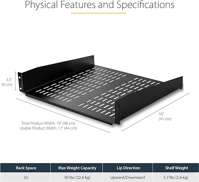 StarTech.com 2U Server Rack Shelf - Universal Vented Rack Mount Cantilever Tray for 19" Network Equipment Rack & Cabinet - Heavy Duty Steel - Weight Capacity 50lb/23kg - 16" Deep Shelf, TAA