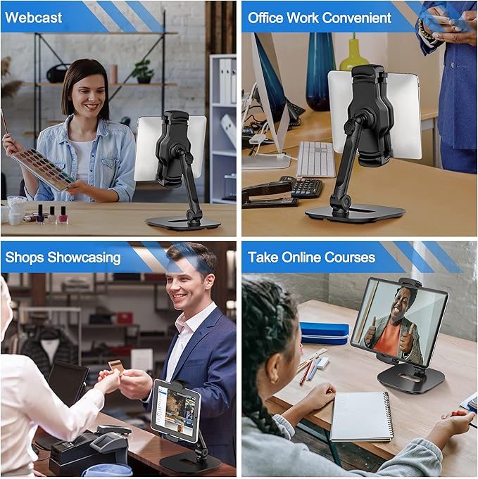 AboveTEK Upgraded Desktop Tablet Stand, 360° Swivel Tablet & Phone Desk Mount Holders for Any 4.7''-13.5'' Display iPad/Cell Phones, Stylish & Sturdy Stands for Store Office Showcase Reception (Black)