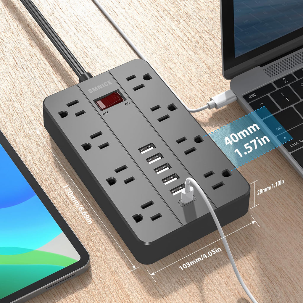 10 Ft Extension Cord Power Strip, SMNICE 8 Widely Spaced Outlets and 6 USB (1 USB C) Charging Ports Flat Plug Power Strip, Desktop Power Cord for Travel Home Office Accessories Black