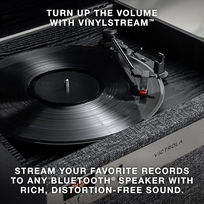 Victrola Century 6-in-1 Vinyl Record Player & Music Center – 3-Speed Turntable, CD & Cassette Player, VINYLSTREAM, Bluetooth & 3.5mm Aux, Record Player with Speakers, Mid Century Design (Walnut)