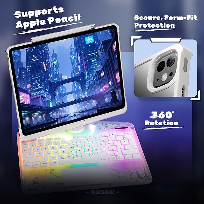 KITONE Transparent Case with Wireless Keyboard for iPad Air 13-in.(M3/M2, 2025/2024), 7 Colors Backlight, Trackpad, 360°Rotating Stand for iPad Pro 12.9-in (6/5/4/3 Gen), Tech Style