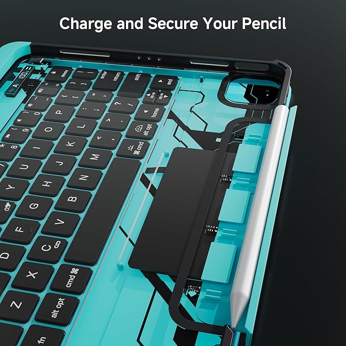 iPad Keyboard Case for 2024 M4 iPad Pro 13 inch, Magic Wireless Keyboard with Trackpad 7 Color Backlit, 360° Rotating Stand Transparent Protective Cover with Pencil Holder (Cyan)