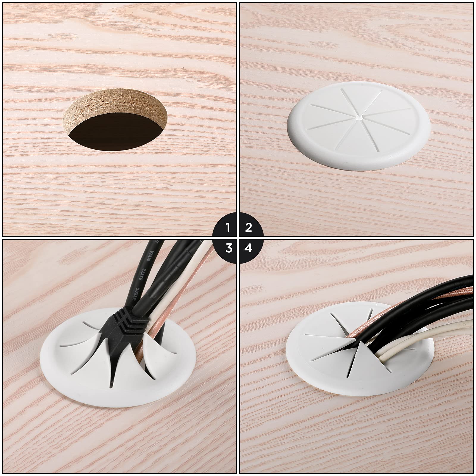HYCC 2 Pack 2-3/8 Inch Flexible Desk Grommet,Organize Wires and Cables on Office Equipment, Computer Components, Entertainment Systems Effectively - Color: White