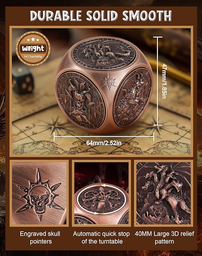 Kabinka Spinner Dice for 7 in 1 DND Dice Set, Unique Metal Dice for Dungeons and Dragons RPG Role Playing Gaming (Red Copper)